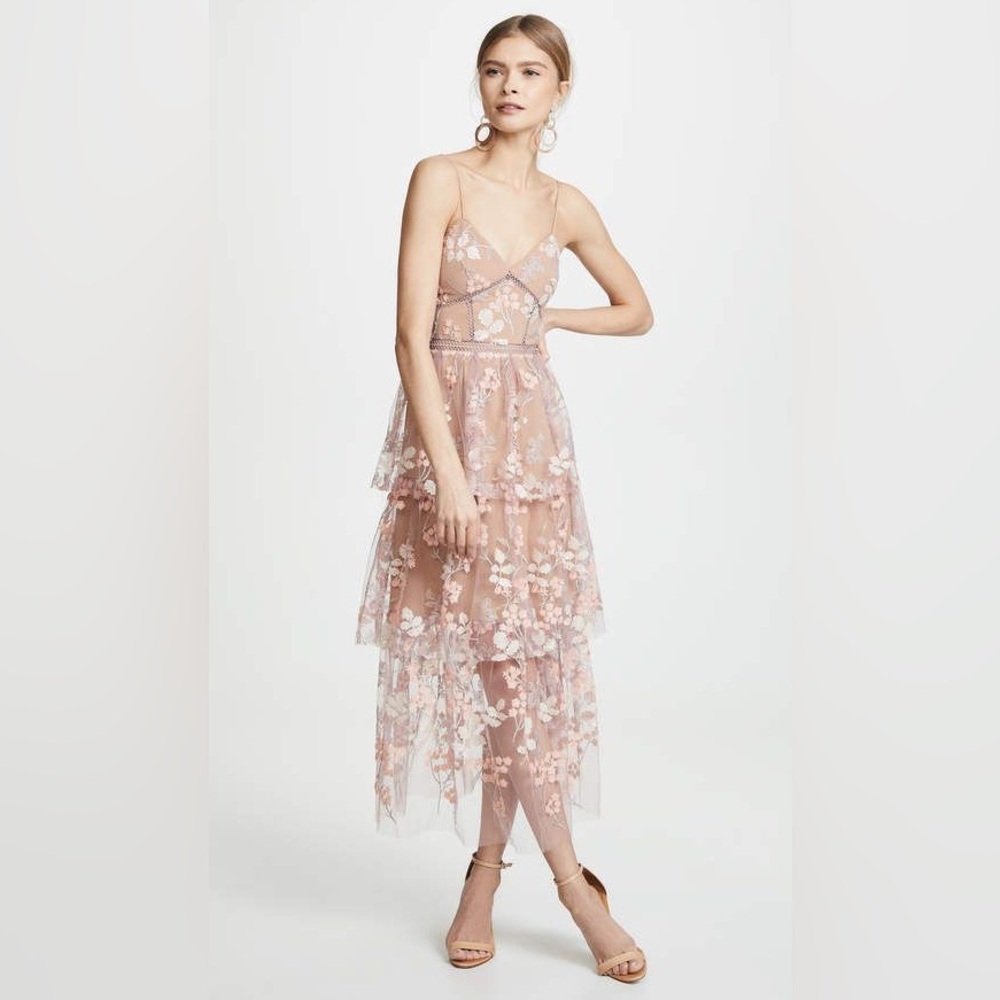 Self Portrait Floral Embellished Tulle Midi Dress in Pink Size 6